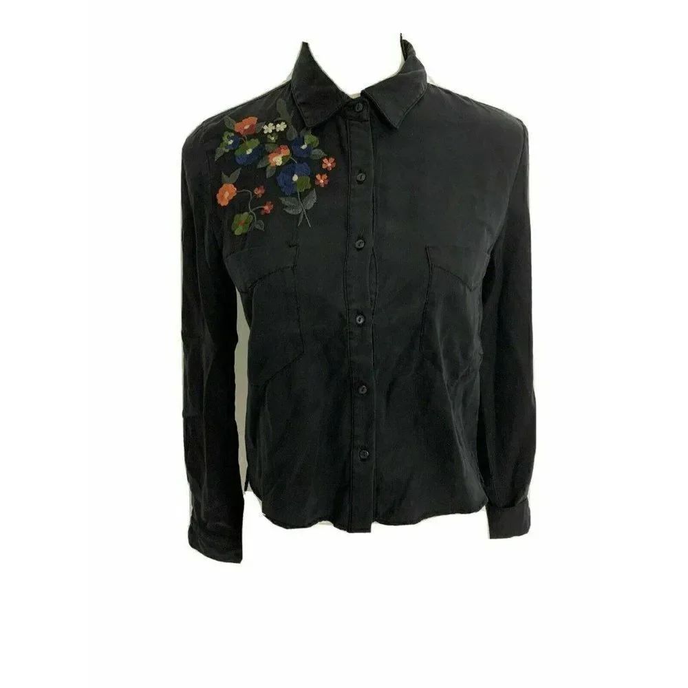 Zara Womens Black Blue Green Floral Embroidered Long Sleeve Button Down Top Xs